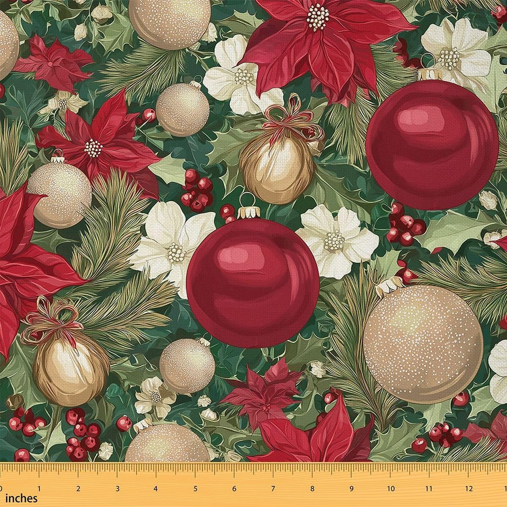 Christmas Tree Fabric By The Yard, Xmas Bells Balls Upholstery Fabric for Chairs, New Year Branches Leaves Decorative Fabric, Indoor Outdoor Fabric, DIY Art Waterproof Fabric, Green Red, 10 Yards