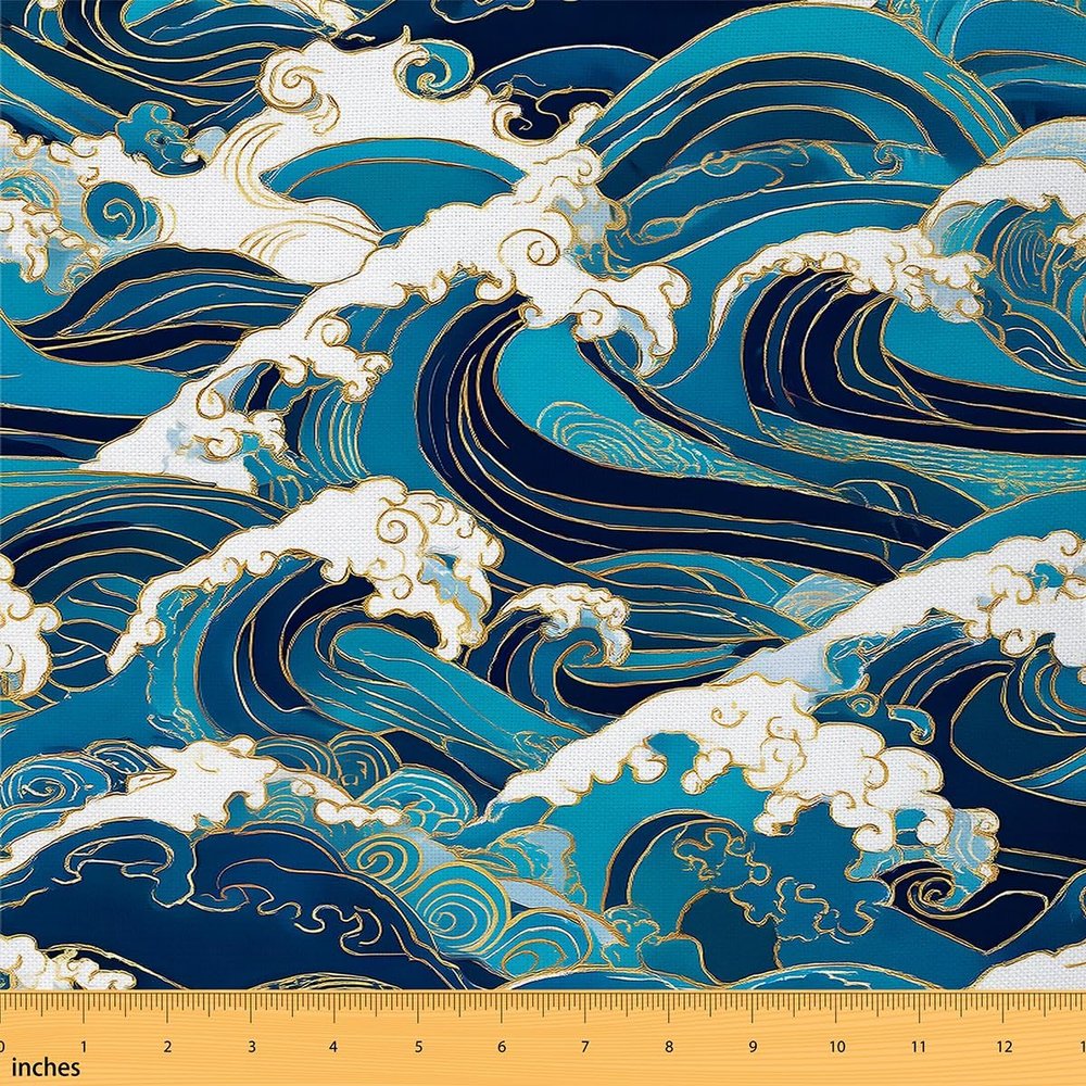 Ocean Waves Fabric By The Yard, Japanese Nautical Upholstery Fabric, Traditional Marine Decorative Fabric, Sea Surf Adventure Indoor Outdoor Fabric, DIY Art Waterproof Fabric, Blue Gold, 10 Yards