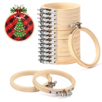 FEBSNOW 16 Pieces 3 Inch Embroidery Hoops Adjustable Bamboo Circle Cross Stitch Hoop Ring Bulk Wooden Round Embroidery Hoop for Art Craft Handy Sewing and Christmas Tree Decoration