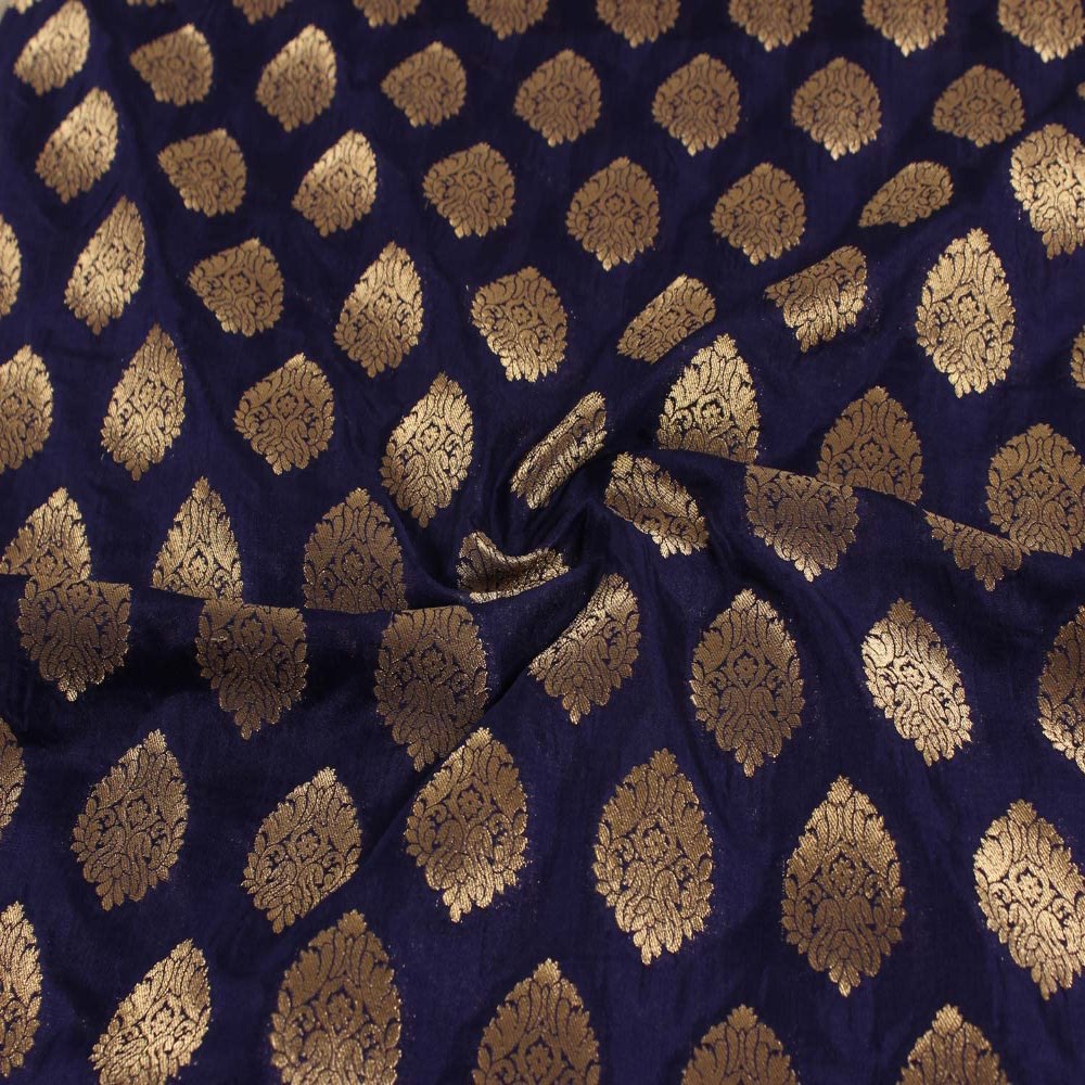 The Design Cart Dark Blue Golden Floral Motifs Silk Brocade Fabric for Arts & Crafts, DIY, Sewing, and Other Projects, Width 44 Inches Package of 10 Metre HP-21001518-8