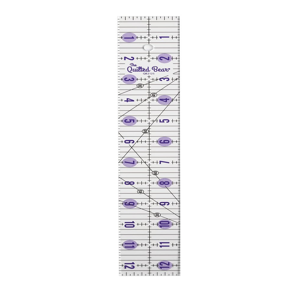 The Quilted Bear Quilting Rulers - Transparent Acrylic Non Slip Quilting, Patchwork & Sewing Ruler with Clear Black Lines & 30, 45 & 60 Degree Angles for Perfect Accuracy & Precision (2" x 12.5")