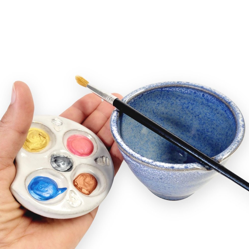 The Mud Place Palm Palette and Watercolor Bowl 2pc Set Painting Rest Stand for Painters Rinse Speckled Blue White