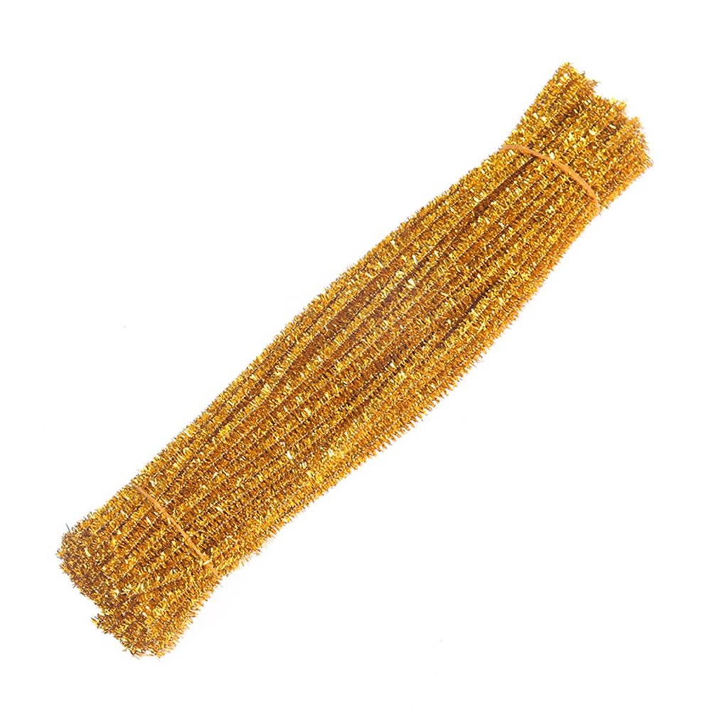 Queenbox 100 Pcs 0.6x30cm Colorful Fuzzy Chenille Stems Furry Metal Pipe Cleaners for DIY Arts Craft Making Christmas Birthday, Gold 02