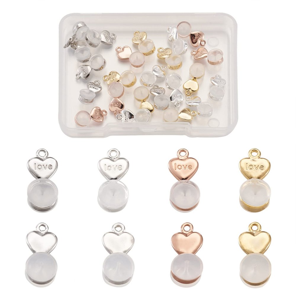 Pandahall 24pcs Silicone Earring Backs 4 Styles 11.2x6x5.5mm Soft Silicone Ear Nuts with Heart Shape Brass Findings for DIY Earring Accessories