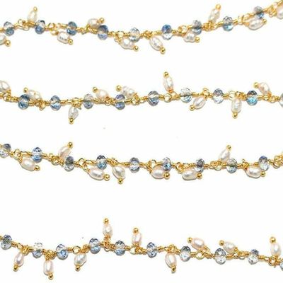 LKBEADS 36 inch long gem fresh water pearl & mystic pyrite 3-4mm mix shape mix cut beads wire wrapped gold plated rosary chain for jewelry making/DIY jewelry crafts #Code - ROS-0389