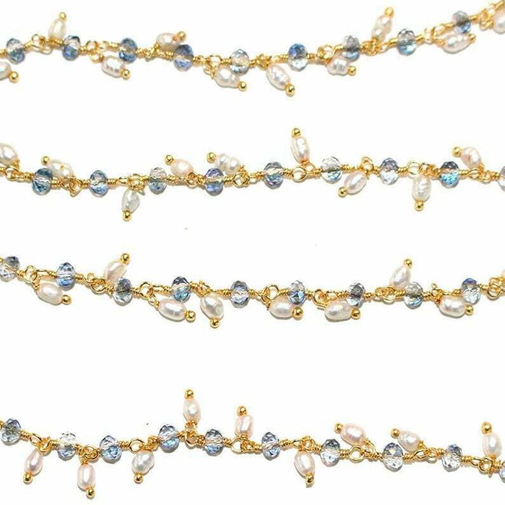 LKBEADS 36 inch long gem fresh water pearl & mystic pyrite 3-4mm mix shape mix cut beads wire wrapped gold plated rosary chain for jewelry making/DIY jewelry crafts #Code - ROS-0389