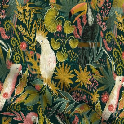 Spoonflower Fabric - Birds Palm Trees Flowers Rain Forest Tucan Cockatoo Tropical Printed on Organic Cotton Sateen Fabric Fat Quarter - Sewing Quilting Apparel Home Decor