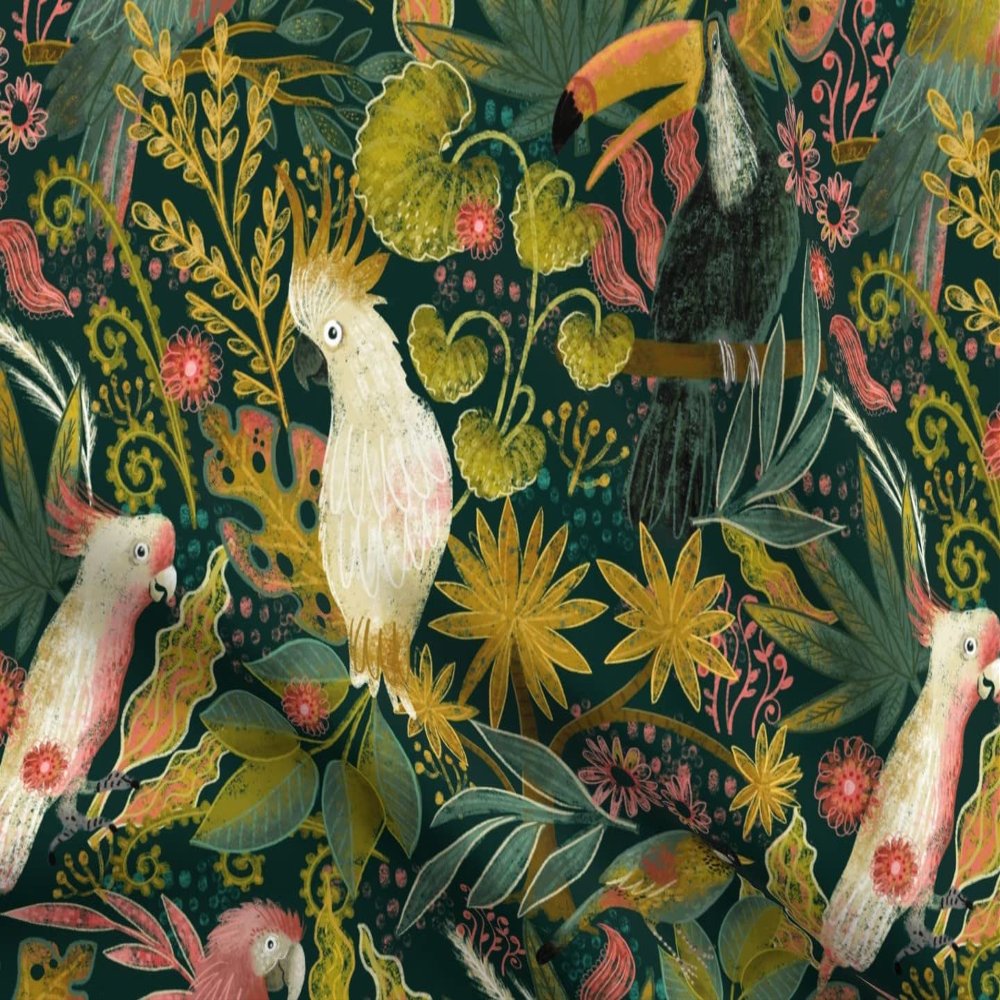 Spoonflower Fabric - Birds Palm Trees Flowers Rain Forest Tucan Cockatoo Tropical Printed on Organic Cotton Sateen Fabric Fat Quarter - Sewing Quilting Apparel Home Decor