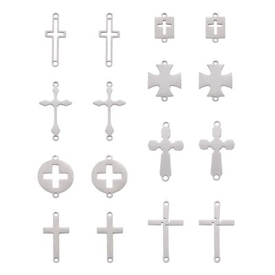 Crafans 16Pcs Cross Connector Link Charms 8 Styles 2-Hole Stainless Steel Jesus Cross Charms Hollow Cross Pendants Blank Stamping Tag Sideways Cross Links for Halloween Jewelry Making