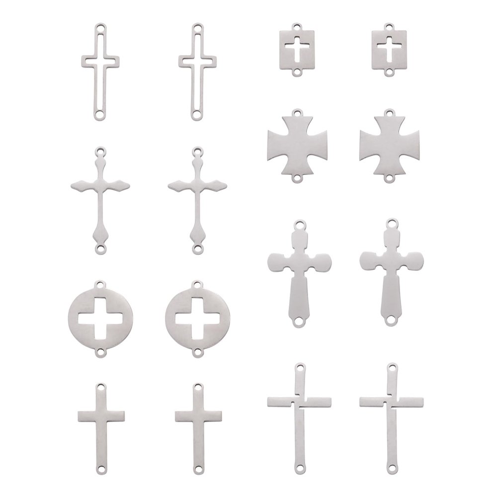 Crafans 16Pcs Cross Connector Link Charms 8 Styles 2-Hole Stainless Steel Jesus Cross Charms Hollow Cross Pendants Blank Stamping Tag Sideways Cross Links for Halloween Jewelry Making
