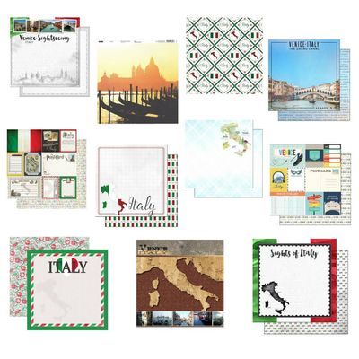 Custom Bundle - 11 Italy VENICE Travel Vacation Themed 12" x 12" Scrapbook Papers - Various Brands