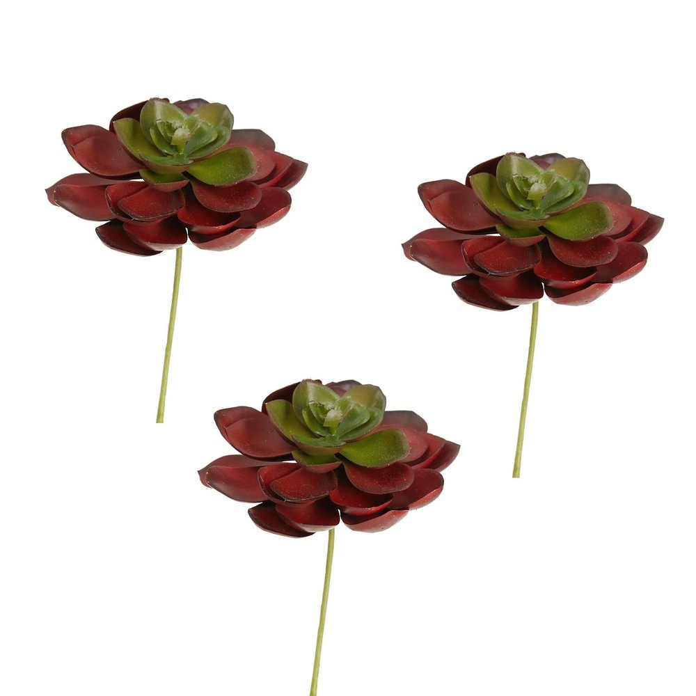 Factory Direct Craft Group of 3 Red and Green Artificial Hen and Chick Picks | Faux Succulents for Arranging, Crafting and Decorating | 4" Dia