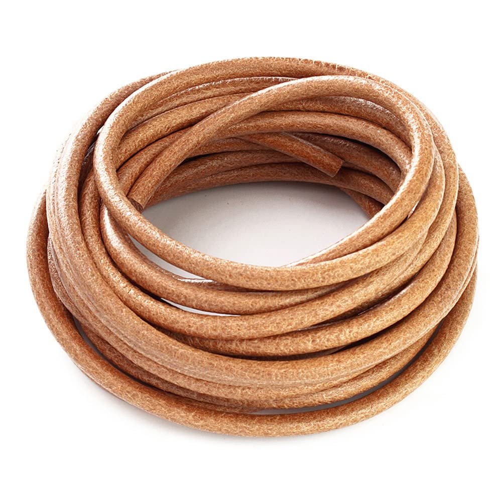 LolliBeads (TM) 5 mm Genuine Round Leather Cord Natural Braiding String Nature Brown 5 Meters (5 Yards)
