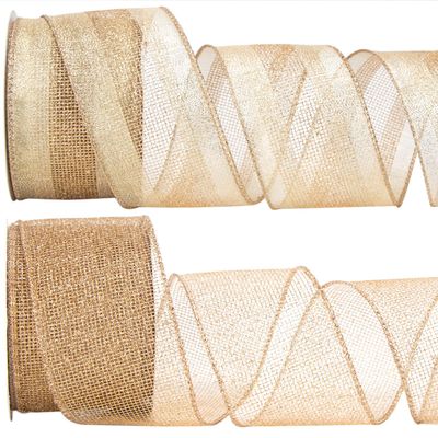 Ribbli Champagne Gold Wired Mesh Ribbon, Metallic Champagne and Glitter Mesh for Crafts, Wreaths, Topper Bow, Gift Wrapping, Tree Decoration - 2 Rolls 2.5 Inch Total 20 Yard