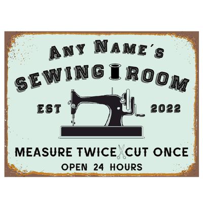 Custom Personalized Any Name's Sewing Room Sign Vintage Custom Craft Room Metal Tin Signs Rustic Sewing Workshop Home Decor Gifts for Mom Women Open 24 Hours