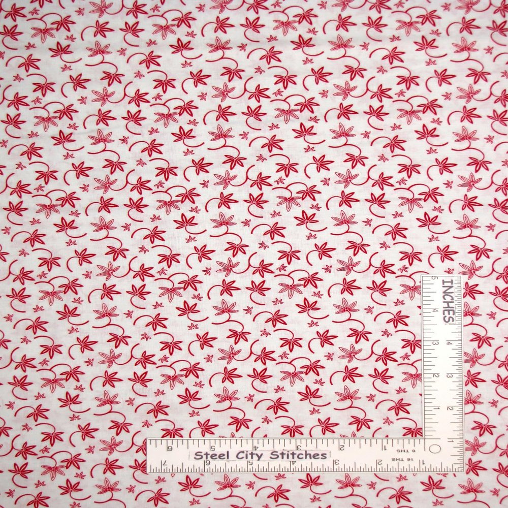FlashPhoenix Quality Sewing Fabric True Red on White Double Flower Stems 100% Cotton Fabric 49109-R by The Yard 36 x 44 Inches