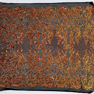 Phoebe Iridescent Orange Gold Sequins on Black Mesh Lace Fabric by The Yard - 10062