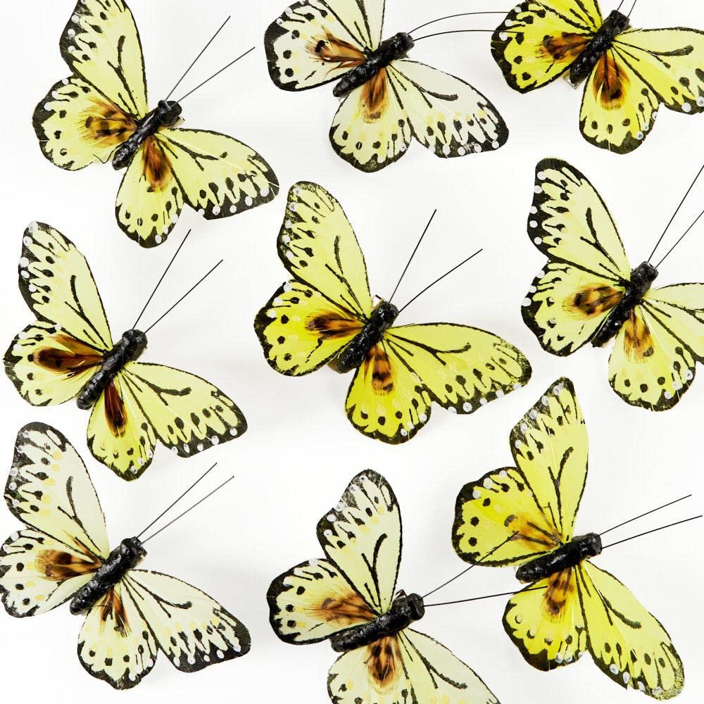 Factory Direct Craft Group of 12 Shades of Yellow Artificial Feathered Butterflies with Clips for Summer Floral Arrangements and Displays