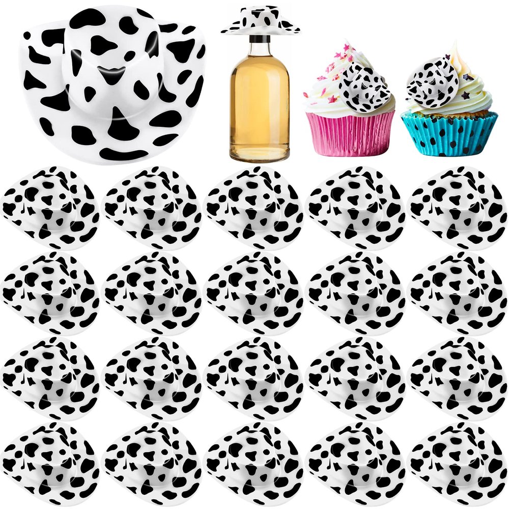 Skylety 36 Pcs Mini Cow Print Cowboy Hats, Western Theme Party Cupcake Toppers and Miniature Dollhouse Decor, Plastic Tiny Cowgirl Hat for DIY Arts and Party Favors, White & Black