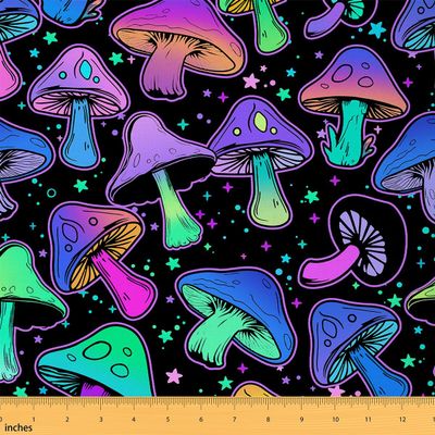 Erosebridal Mushroom Fabric by The Yard, Cute Plant Upholstery Fabric, Ombre Cartoon Kawaii Decorative Neon Star Indoor Outdoor DIY Art Waterproof Purple Teal, 10 Yards