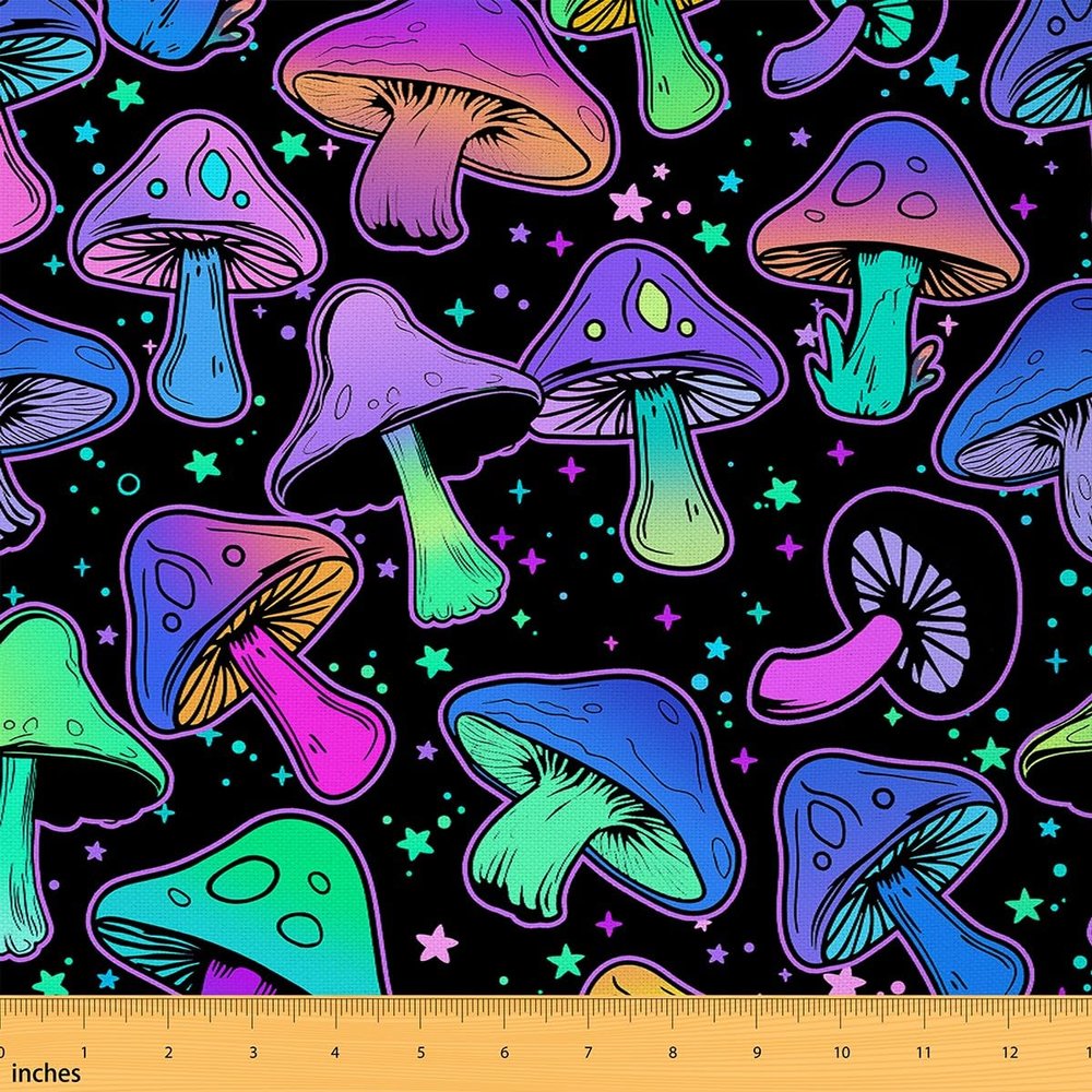 Erosebridal Mushroom Fabric by The Yard, Cute Plant Upholstery Fabric, Ombre Cartoon Kawaii Decorative Neon Star Indoor Outdoor DIY Art Waterproof Purple Teal, 10 Yards