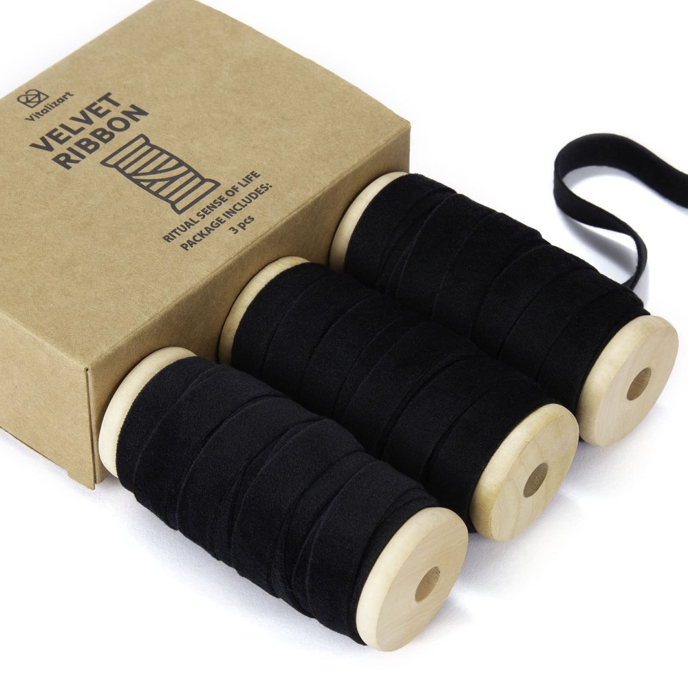 Vitalizart Velvet Ribbon Set 3/8" x 15 Yd Wooden Spool Fabric Trim 3 Rolls * 5 Yd for Christmas Wreath Decoration Handmade Craft Ornaments Gift Wrapping & Bow Making Gray