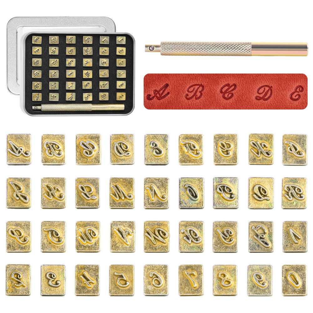 BESTNULE Leather Stamping Kit - 37pcs Set with 26 Capital Letters (5.5mm), 10 Numbers (6mm), and Stamping Handle for Leathercraft