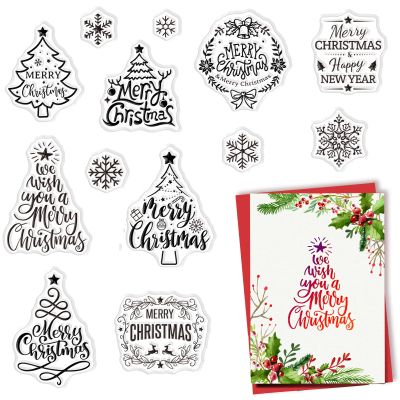 CRASPIRE 13PCS Merry Christmas Tree Clear Stamps Transparent Rubber Stamps Seal Snowflake Xmas Blessing Words for Card Making Decoration DIY Scrapbooking Embossing Album Craft Supplies