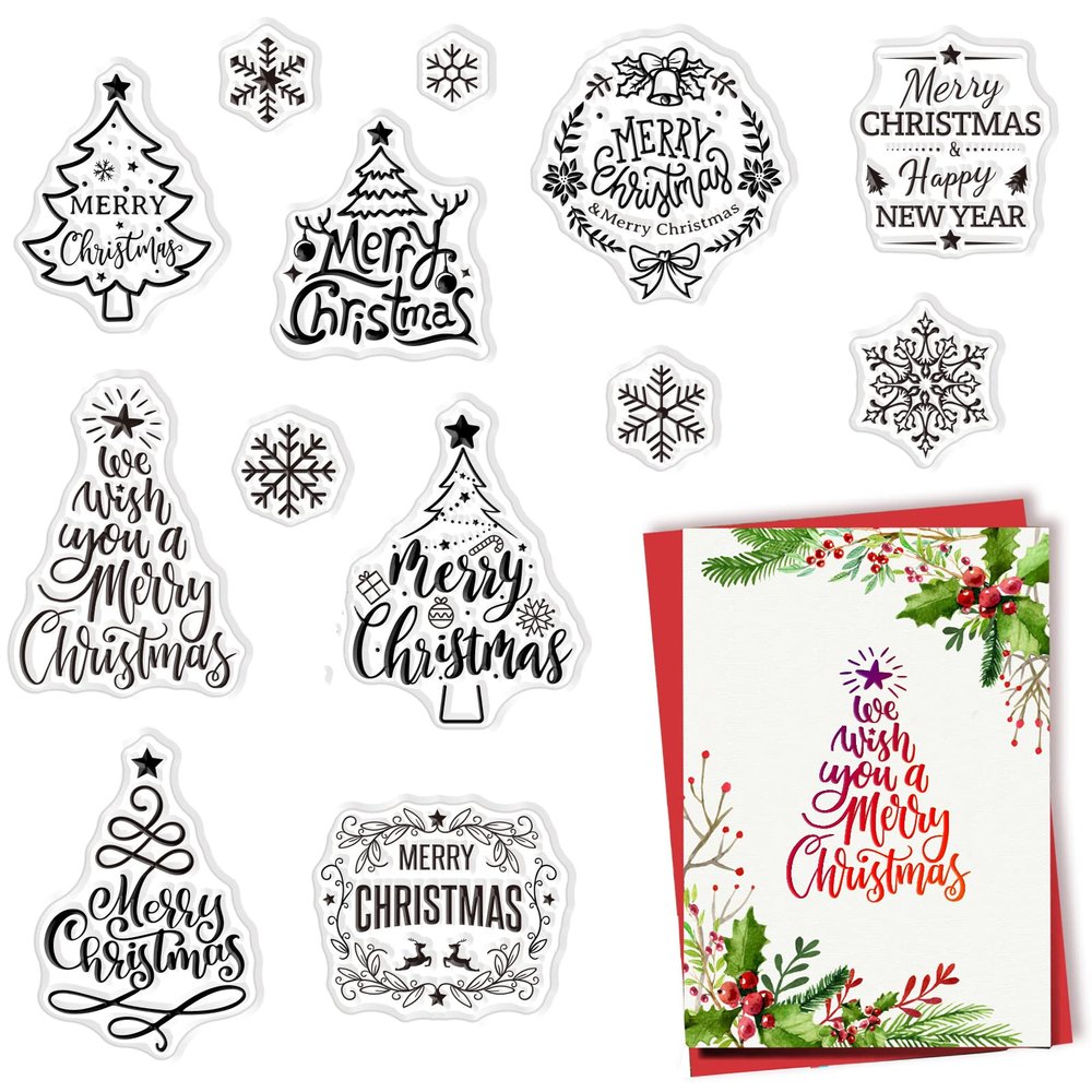 CRASPIRE 13PCS Merry Christmas Tree Clear Stamps Transparent Rubber Stamps Seal Snowflake Xmas Blessing Words for Card Making Decoration DIY Scrapbooking Embossing Album Craft Supplies