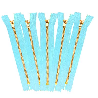 2 5 10 pcs Jeans Zippers #5 Brass Closed Bottom Metal Zippers with Locking Slider - Pink Blue Brown Burgundy Grey Black Green Natural Hot Pink Turquoise (4" - 10 Zippers, Light Blue/Aqua)