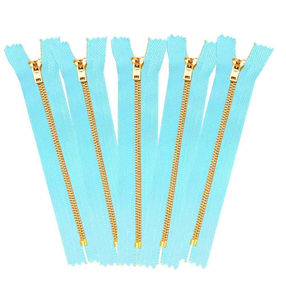 2 5 10 pcs Jeans Zippers #5 Brass Closed Bottom Metal Zippers with Locking Slider - Pink Blue Brown Burgundy Grey Black Green Natural Hot Pink Turquoise (4" - 10 Zippers, Light Blue/Aqua)