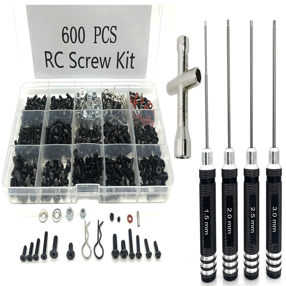 TEIRAY 600PCS RC Screws Kit and RC Screwdrivers Hex Screw Driver Set Nut Socket and for Traxxas Axial Arrma SCX10 Losi 1/8 1/10 1/12 1/16 1/8 RC Car Truck Crawler