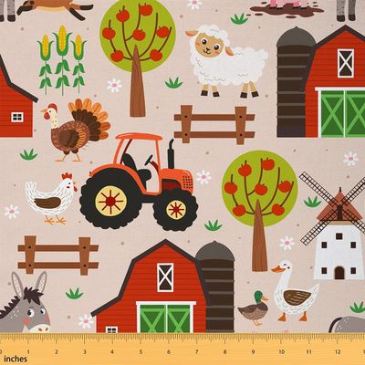 Cartoon Farm Scenary Fabric for Decoration and DIY Projects,Rustic Farmhouse Style Animals Fabric by The Yard,Nature Botanical Trees Soft Flannel Polyester Sewing Craft,5 Yards,180" L x 59" W