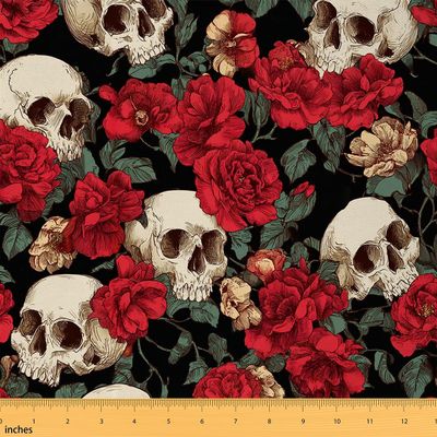 Feelyou Skull Fabric by The Yard, Vintage Rose Floral Skeleton Design Upholstery Fabric for Chairs, Horror Skull Flowers Day of The Dead Decorative, 10 Yards Soft Flannel