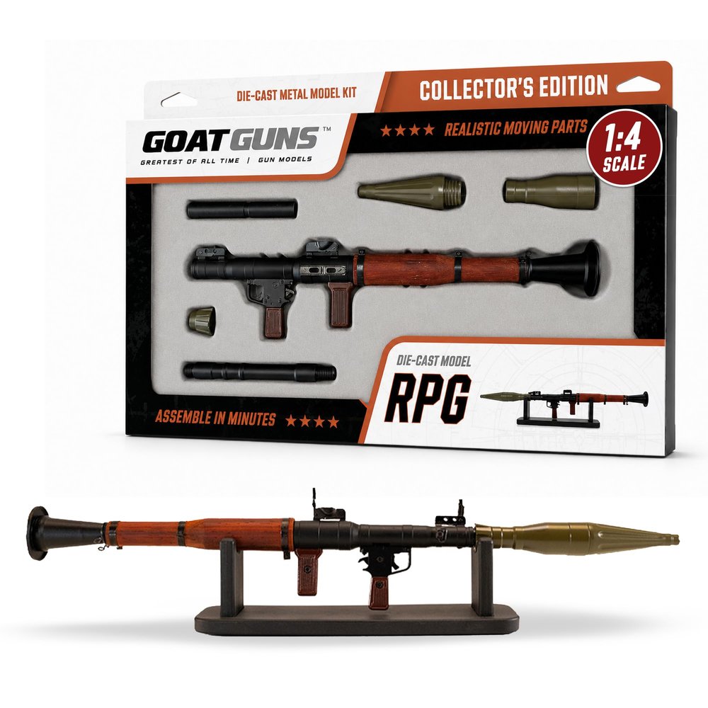 GOAT GUNS Miniature RPG Model | 1:4 Scale Diecast Metal & Real Wood Build Kit, Black | Non-Firing RPG Replica with Ejecting Warhead, Display & Man Cave | Collectible Military Model Kit, Adults