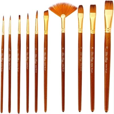 YQBUER 10pcs Paint Brush Set Multiple Styles Nylon Hair Short Rod Brown Painting Brush for Oil Acrylic Watercolor Gouache Art Supplies