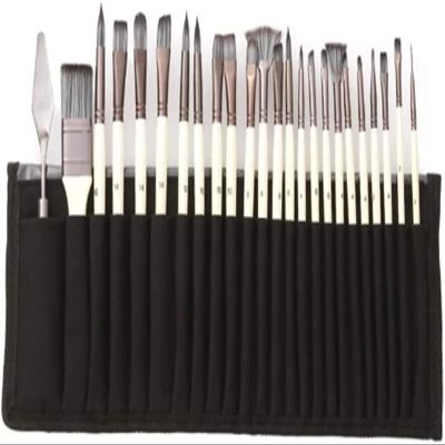 YQBUER 24pcs Nylon Hair Wooden Handle Watercolor Paint Brushes Pen Scraper Scrubbing Brush Set DIY Oil Acrylic Painting