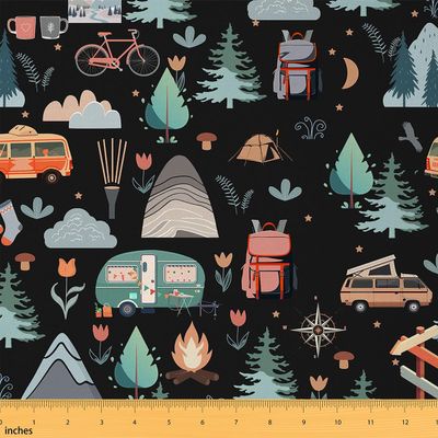 Camping Fabric By The Yard, Cartoon RV Upholstery Fabric, Cute Tree Tent Mountain Decorative Fabric, Floral Clouds Moon Indoor Outdoor Fabric, Camper DIY Art Waterproof Fabric, Blue Orange, 2 Yards