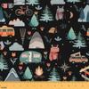 Camping Fabric By The Yard, Cartoon RV Upholstery Fabric, Cute Tree Tent Mountain Decorative Fabric, Floral Clouds Moon Indoor Outdoor Fabric, Camper DIY Art Waterproof Fabric, Blue Orange, 2 Yards view 1