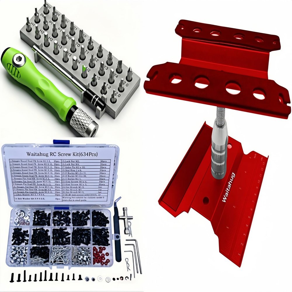 Waitahug RC car Tool kit,634 Pcs RC Screw Kit,360 Degree Rotation Liftable Repair Workbench,32-in-1 Screwdriver-for 1/16 1/12 1/10 1/8 All Kinds of Remote Control Trucks, Cars, Trains, Planes, etc