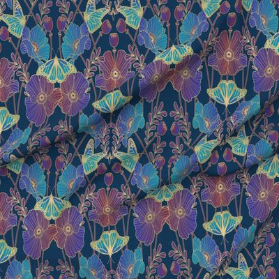 Spoonflower Fabric - Jewel Tone Poppies Art Nouveau Poppy and Butterfly Blue Aqua Purple Printed on Denim Fabric by The Yard - Bottomweight Apparel Home Decor Upholstery