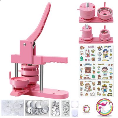 Happizza Button Maker Machine Multiple Sizes, Pin Maker Machine 1+2.25 inch, Badge Button Press Machine with Cute Stickers and 200 Sets Button Making Supplies&Circle Cutter for Girls Women(Pink)