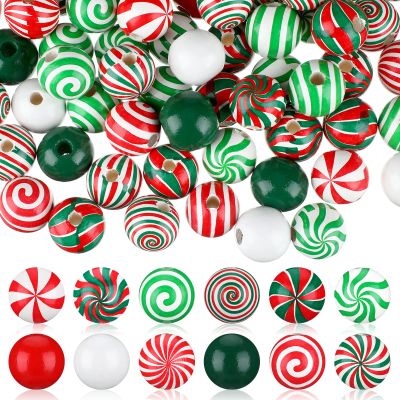 180 Pieces Christmas Beads Candy Cane Wooden Christmas Focal Beads Red Green White Candy Swirl Crafts for Jewelry Making DIY Xmas Garland Tree Home Party Holiday Decoration