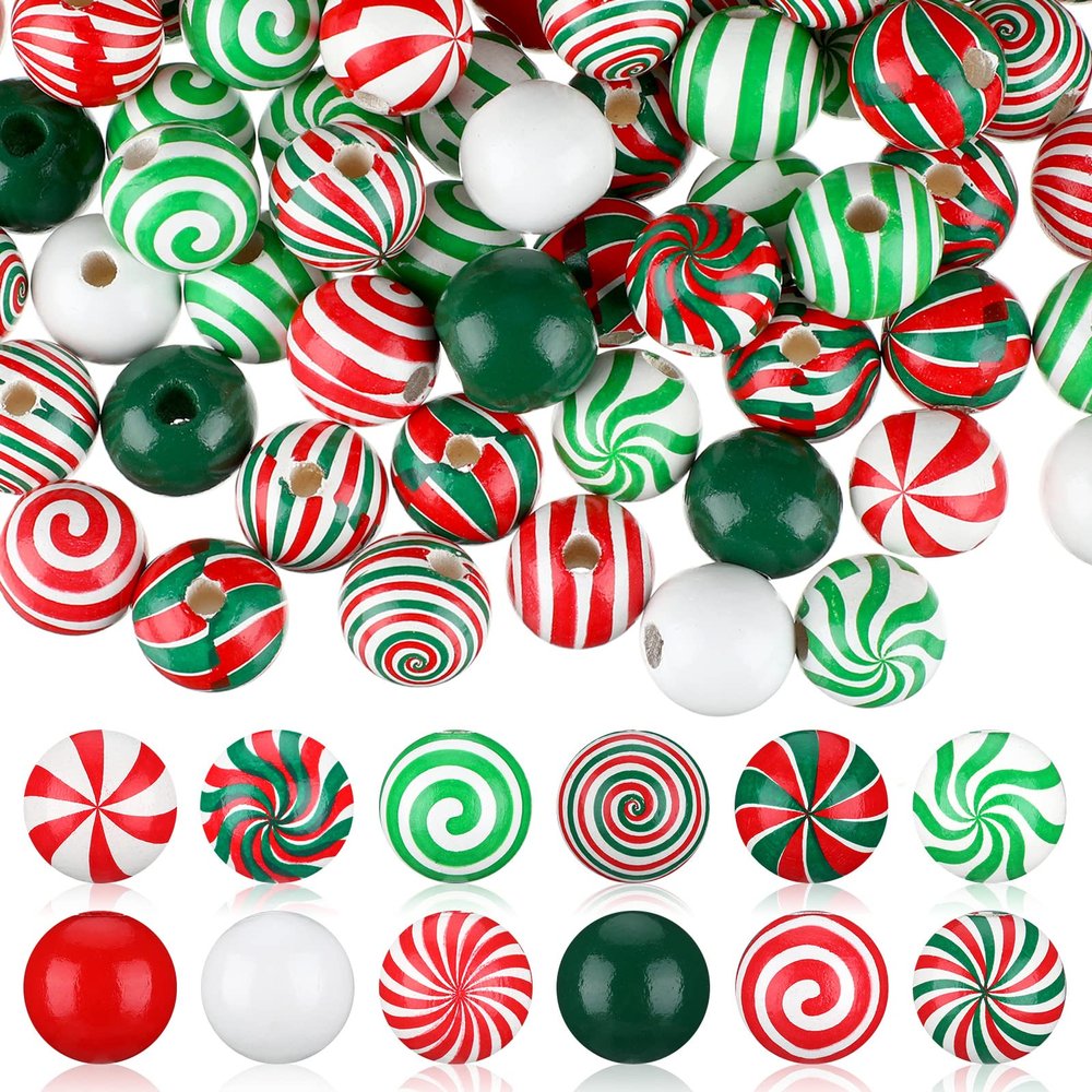 180 Pieces Christmas Beads Candy Cane Wooden Christmas Focal Beads Red Green White Candy Swirl Crafts for Jewelry Making DIY Xmas Garland Tree Home Party Holiday Decoration