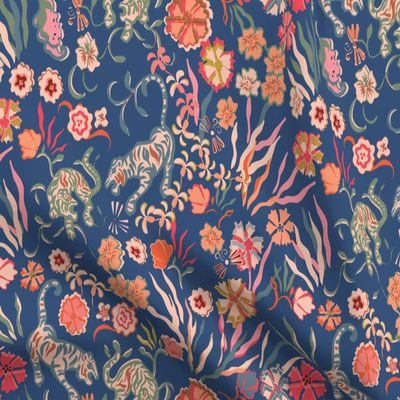 Spoonflower Fabric - Maximalist Tigers Modern Chinoiserie Boho Glam Blue Orange Year of The Printed on Satin Fabric Fat Quarter - Sewing Lining Apparel Fashion Blankets Decor