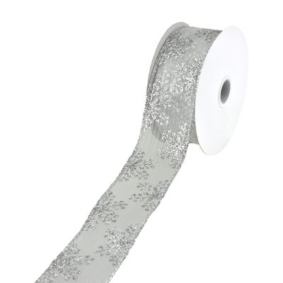 Glitter Christmas Snowflake, Stripe Sheer Wired Ribbon, 1-1/2-Inch, 10-Yard (Silver)
