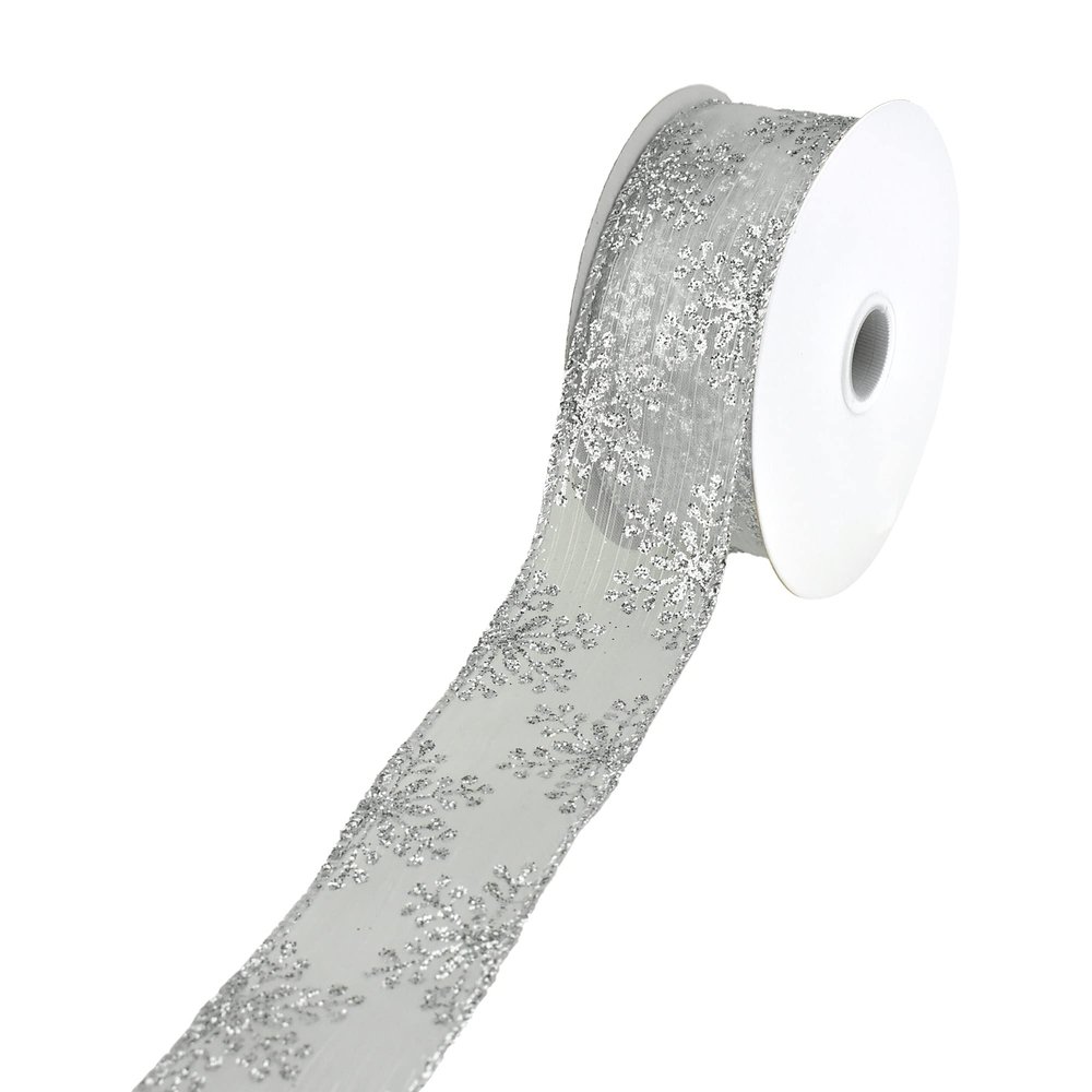 Glitter Christmas Snowflake, Stripe Sheer Wired Ribbon, 1-1/2-Inch, 10-Yard (Silver)