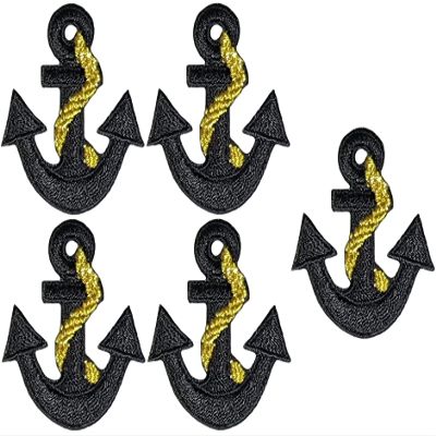 Ranger Return Set 5 of Small Cute Mini Anchor Marine Nautical Sailor Naval Rope Shape Sign Badge Tiny Decal Applique Sew Iron on Embroidered Patches - Black Gold (Anchor-BKGL-MINI5)