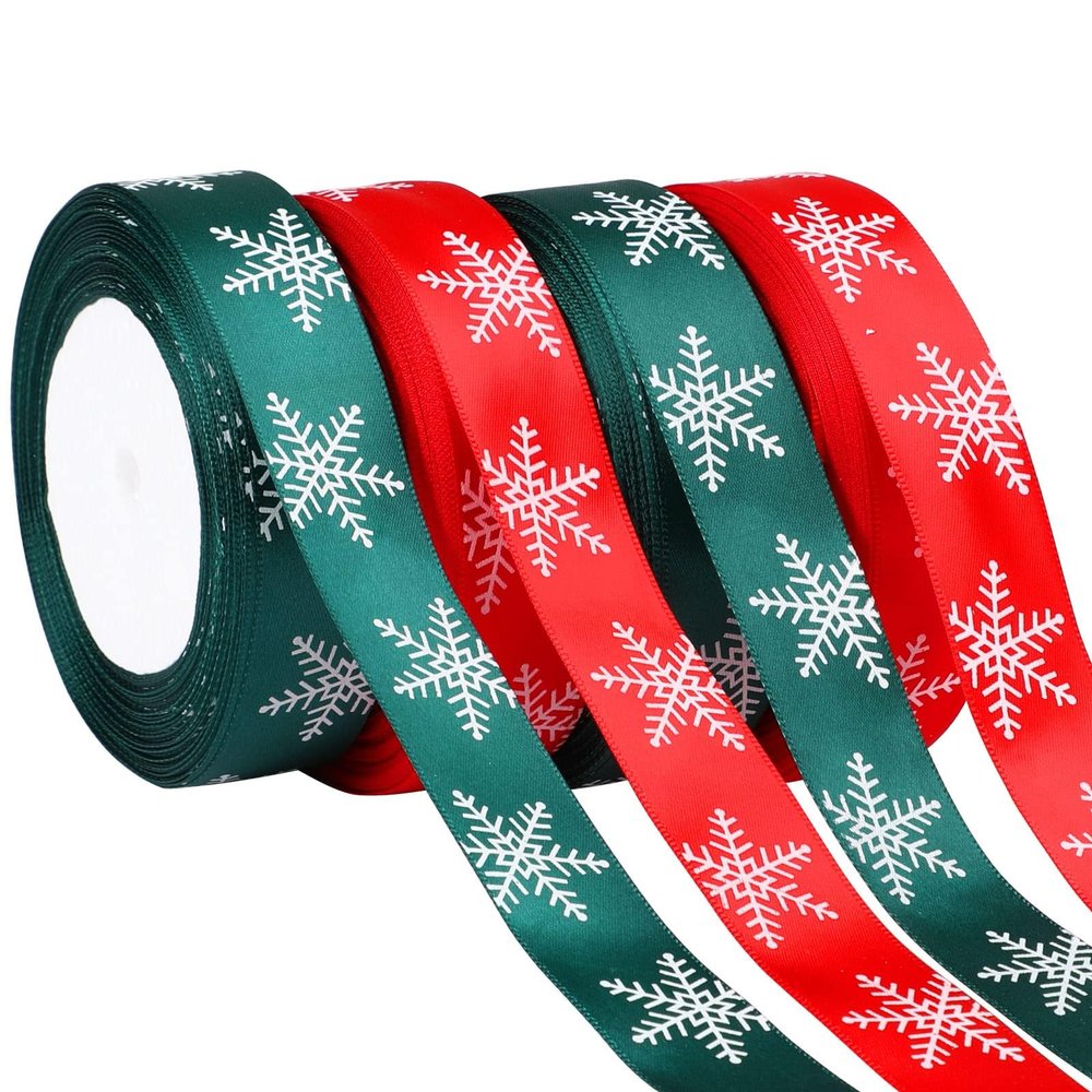 DECYOOL 4 Rolls 100 Yards Christmas Snowflake Ribbons for Gift Wrapping, 25mm Wide Red and Green Satin Ribbon for Festival Holiday Party Decorations DIY Crafts