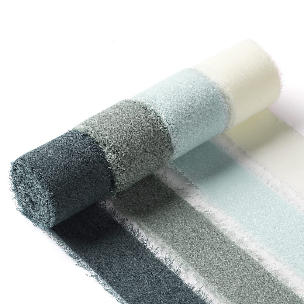 4 Rolls Handmade Fringe Chiffon Ribbon 1" W x 5Yd Per Roll,Blue & Cream Silk-Like Ribbons Set (1" x 20Yd, Blue & Cream)